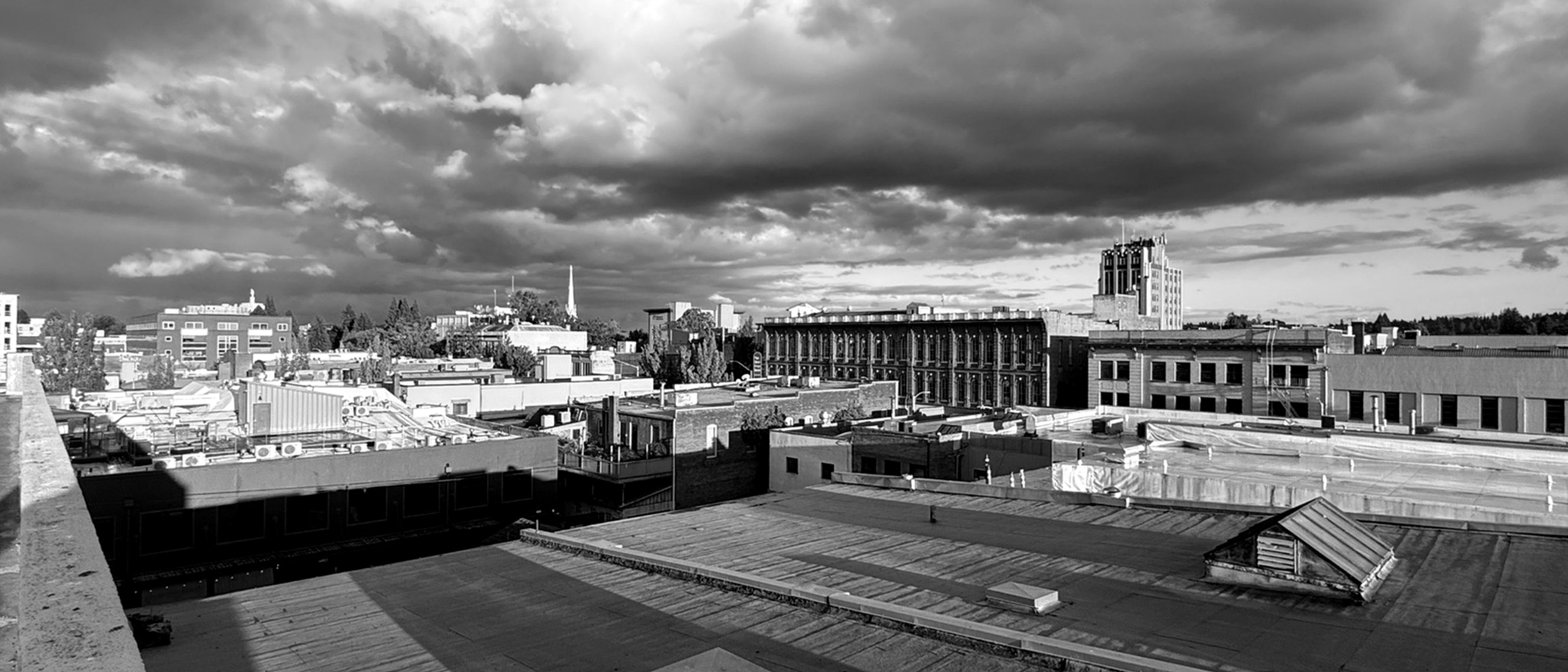 Black and white city rooftop view